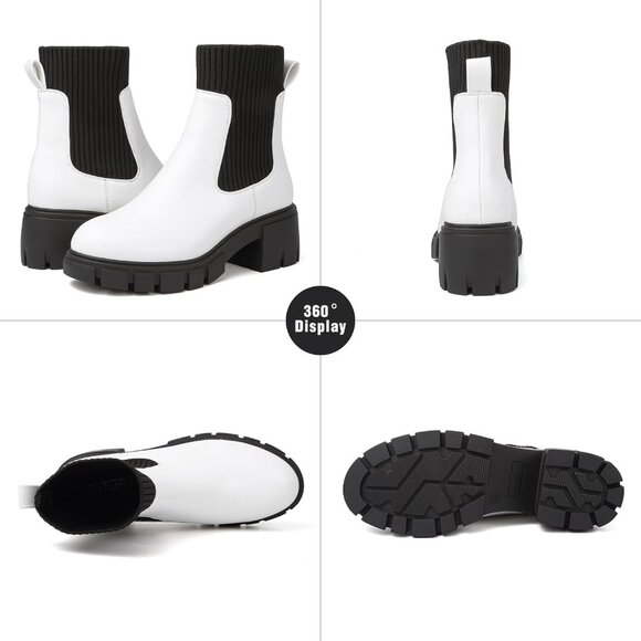 BKWHDAY Women's White Black Chelsea Platform Ankle Boots Fashion Chunky Heel - Picture 2 of 7